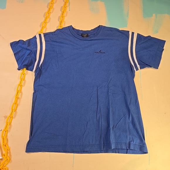 VTG Nautica Mens XL Varsity Stripe T Shirt Navy Blue Cotton Baseball Prep 22x27 - Picture 1 of 6